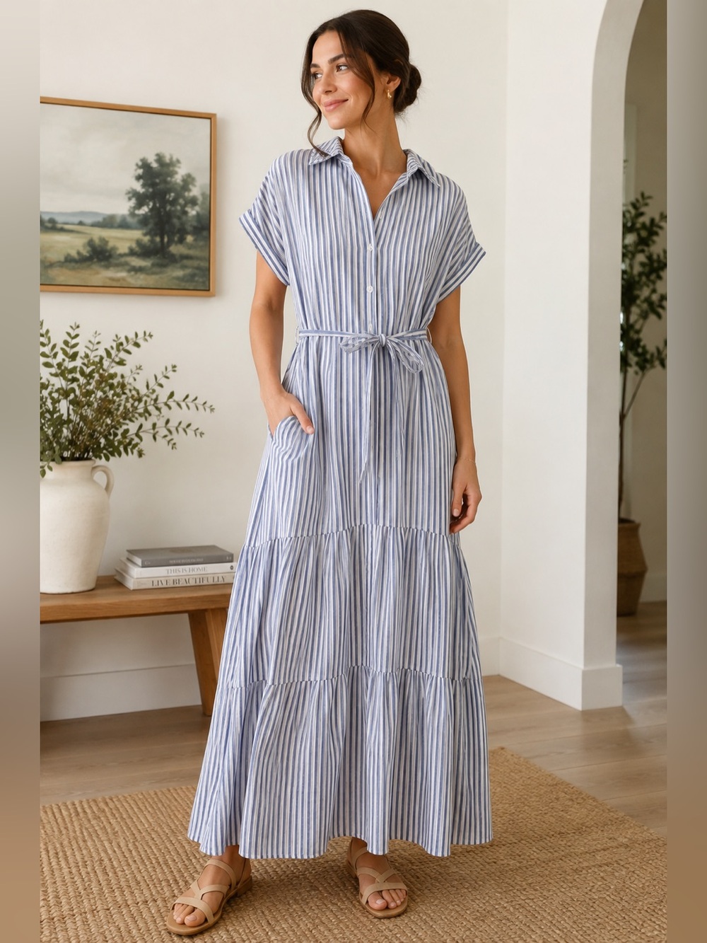 Max Studio London Blue White Striped Button Shirtdress Cap Sleeve Maxi Dress
